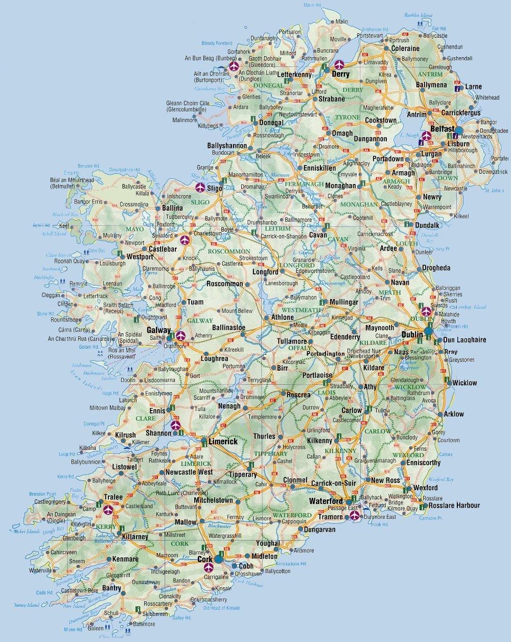 karta över den östra kusten av irland