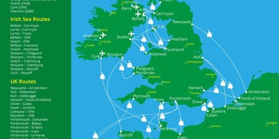 Karta över färdvägar med färjor till irland